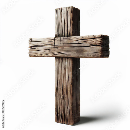 Old Rugged, Wooden Cross - Crucifix isolated against white background photo