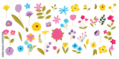 minimal Hand drawn flowers and leaf with sketch line vector in Spring and summer collection