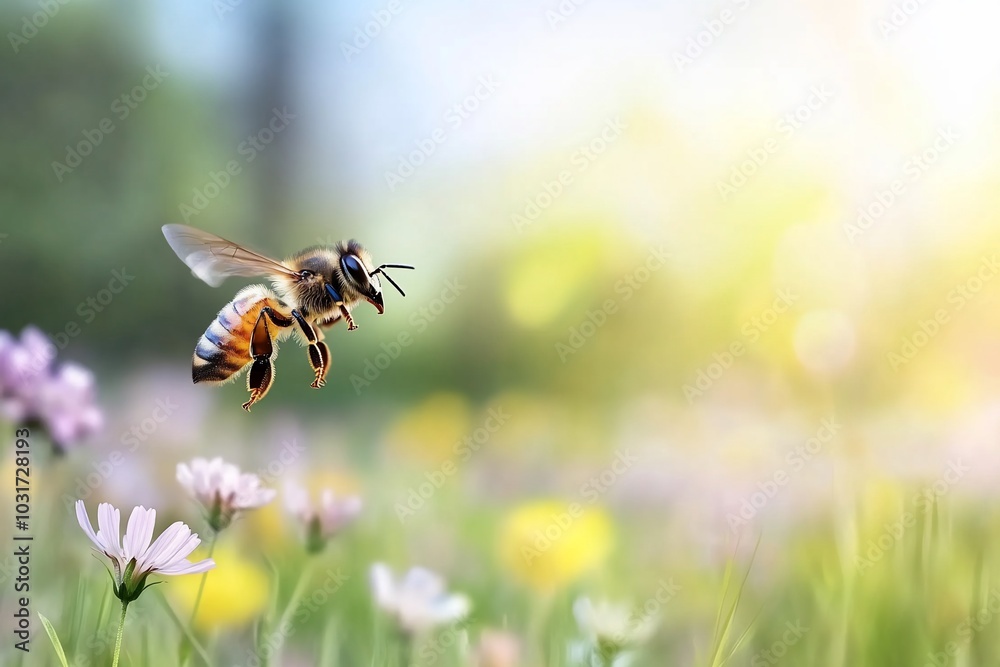 A bee hovering over colorful wildflowers in a sunny meadow. A bee hovering over colorful wildflowers in a sunny meadow.