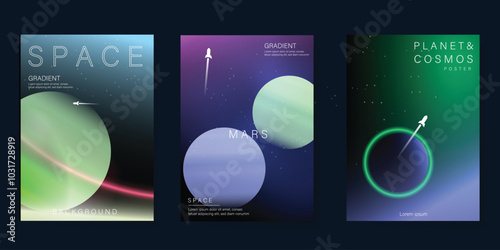 Planet and galaxy Space card vector set. Solar system with galaxy planets, asteroids, jupiter, saturn, mars, moon, ring line solar. Cosmic design for flyer, brochure, background, poster, cover.
