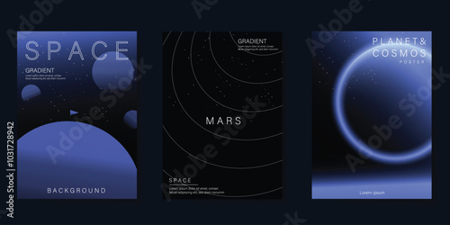 Planet and galaxy Space card vector set. Solar system with galaxy planets, asteroids, jupiter, saturn, mars, moon, ring line solar. Cosmic design for flyer, brochure, background, poster, cover.