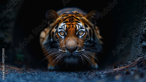 A tiger with dark stripes, staring straight ahead, is partially obscured by the shadows of a dark cave. The tiger's eyes are bright, and its whiskers are visible photo