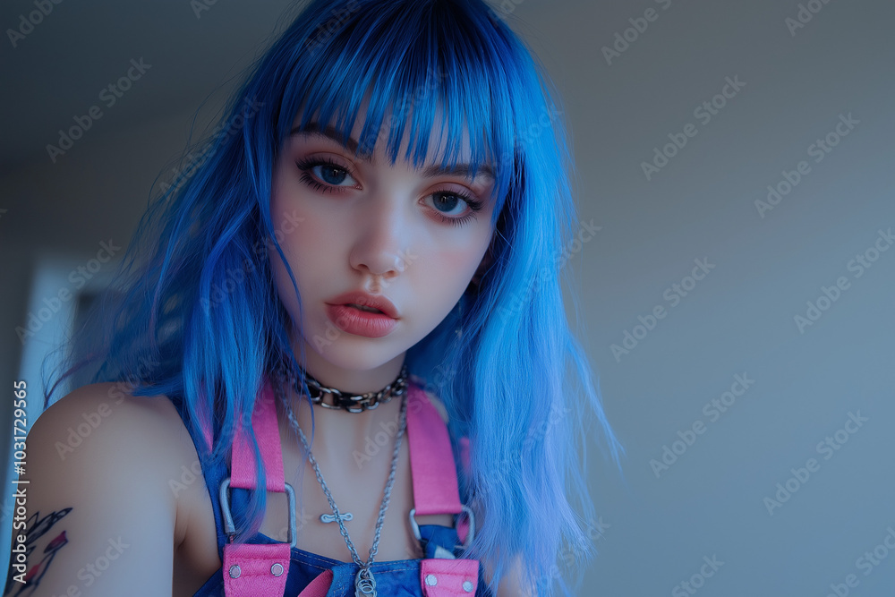 portrait selfie of a gen z fun girl looking happy into the camera portrait selfie of a gen z fun girl looking happy into the camera