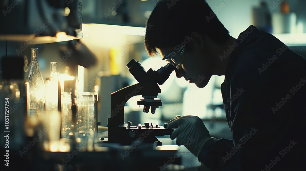 A Silhouetted Scientist Examining a Sample Under a Microscope in a Laboratory A Silhouetted Scientist Examining a Sample Under a Microscope in a Laboratory