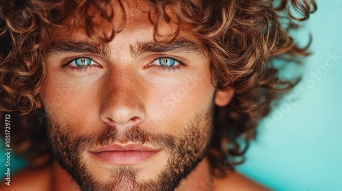 A detailed close-up portrait capturing the mesmerizing blue eyes and curly hair of a bearded young man, exuding a blend of intense focus and artistic style.