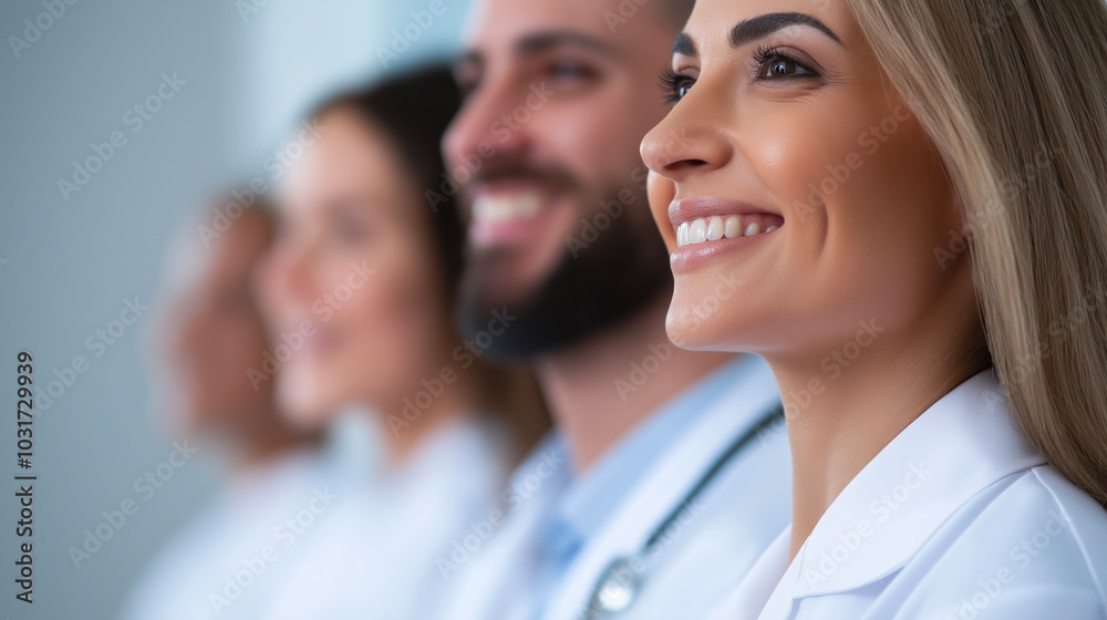 Smiling female doctor in focus with diverse medical team, healthcare professionals promoting unity, confidence, and excellence in patient care and modern health services, teamwork and expertise Smiling female doctor in focus with diverse medical team, healthcare professionals promoting unity, confidence, and excellence in patient care and modern health services, teamwork and expertise
