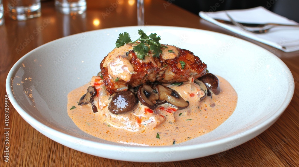 Creamy Chicken and Mushroom Dish on Wooden Table with Garnish in Upscale Restaurant Setting Creamy Chicken and Mushroom Dish on Wooden Table with Garnish in Upscale Restaurant Setting