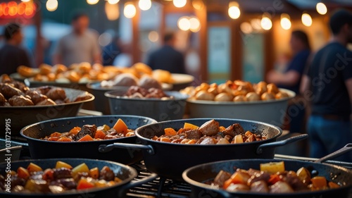 Close-up shot of various food in metal pots on a food stall at a night market.