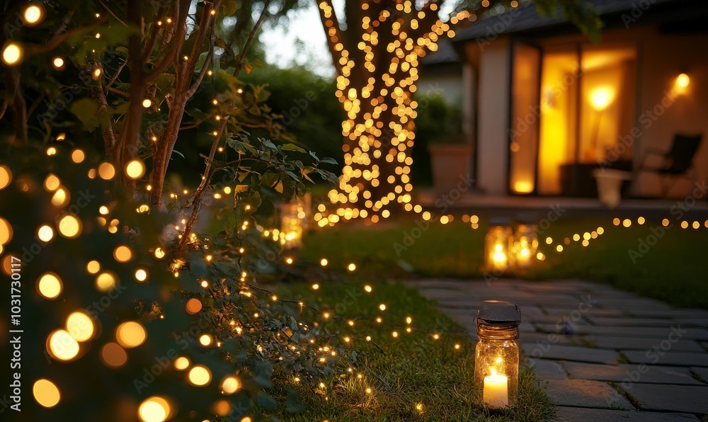 Warm lights illuminate a pathway through a garden. Warm lights illuminate a pathway through a garden.