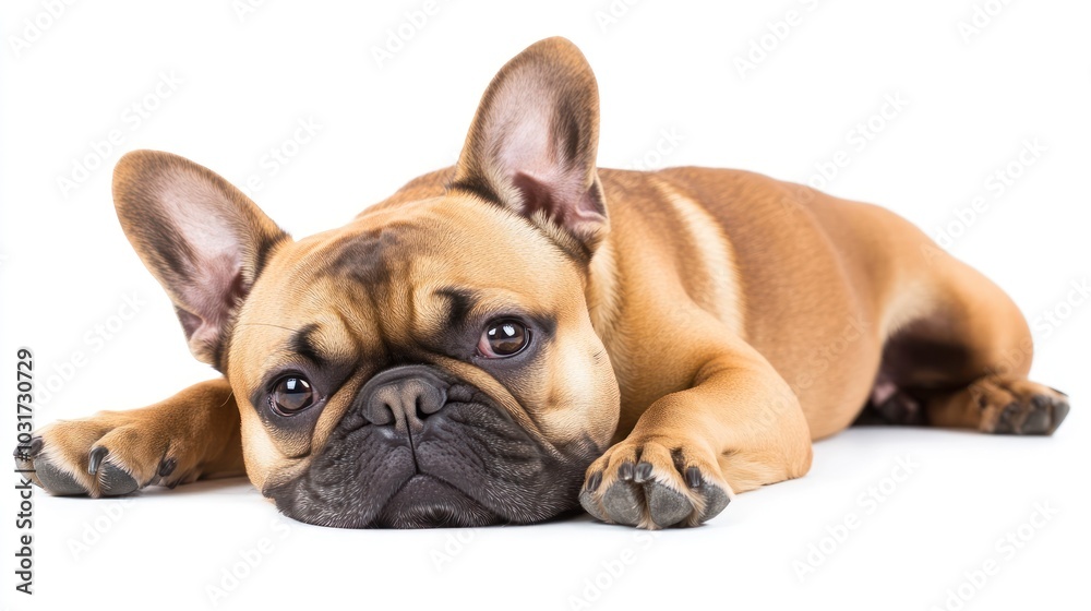 A relaxed French Bulldog lying down, showcasing its expressive eyes and smooth coat. A relaxed French Bulldog lying down, showcasing its expressive eyes and smooth coat.