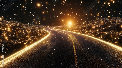 A surreal road glimmers with golden light, surrounded by sparkling particles, leading toward a bright sunset in a starry sky.