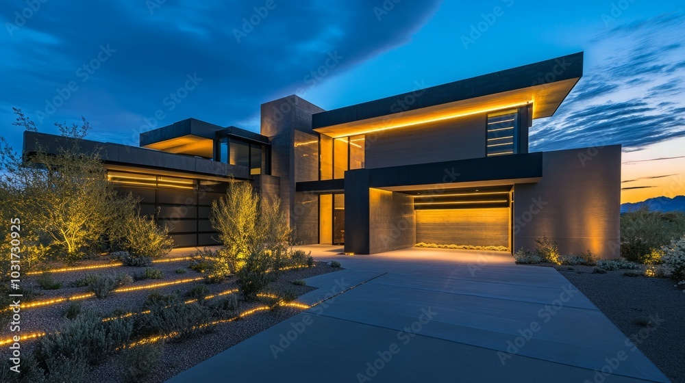 Contemporary home featuring sharp angles and a geometric facade, subtly highlighted by concealed LED strips under the night sky. Contemporary home featuring sharp angles and a geometric facade, subtly highlighted by concealed LED strips under the night sky.