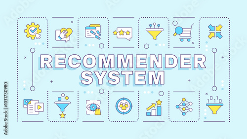 Recommender system soft blue word concept. Data management, filtering. Artificial intelligence. Typography banner. Vector illustration with title text, editable icons color. Hubot Sans font used photo