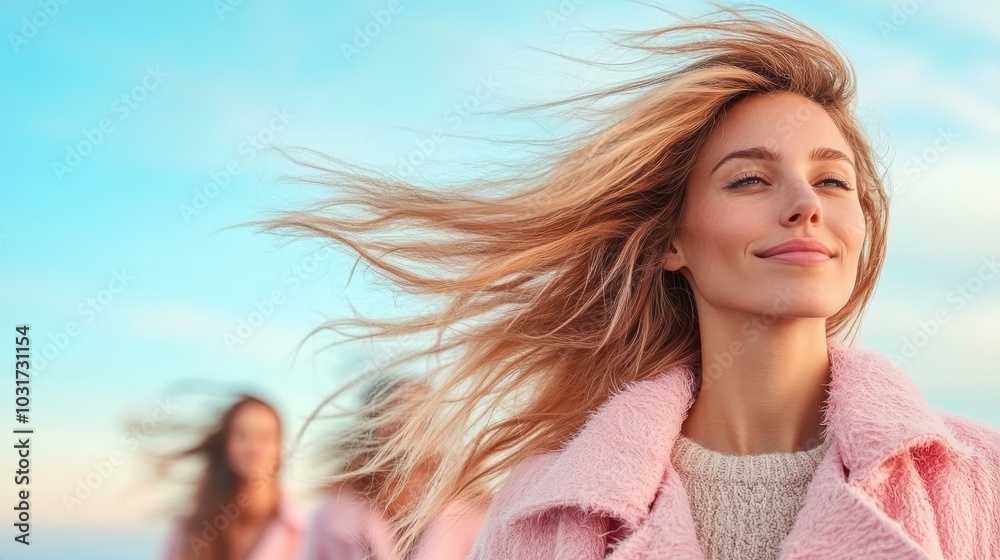A cheerful woman with flowing blonde hair smiles while wearing a textured pink coat, basking under a clear blue sky; sense of freedom evoked by the wind. A cheerful woman with flowing blonde hair smiles while wearing a textured pink coat, basking under a clear blue sky; sense of freedom evoked by the wind.