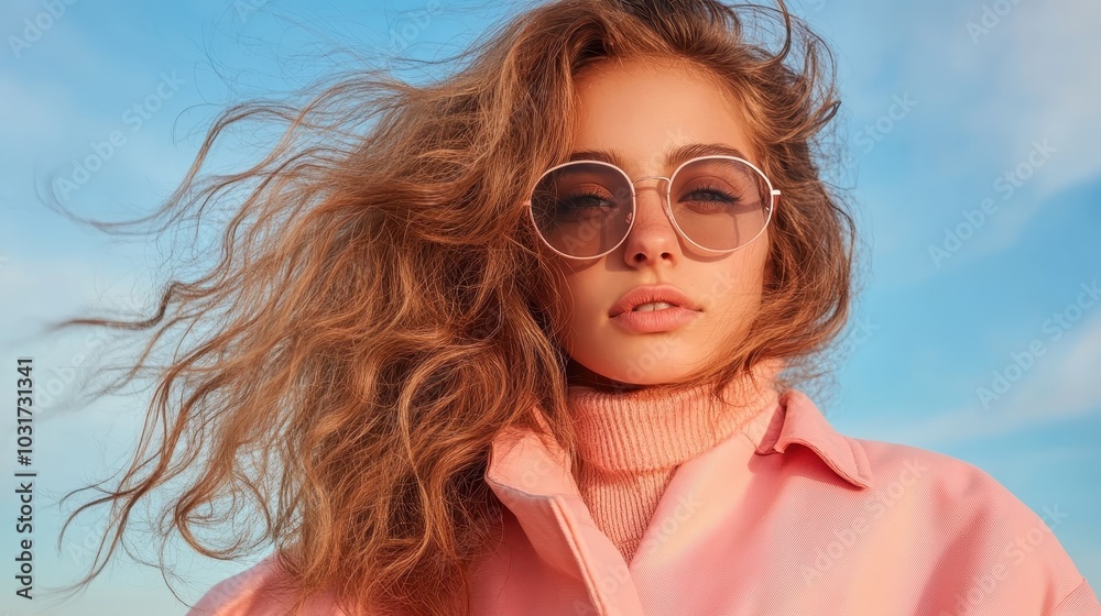 A close-up portrait of a woman with long curly brown hair, wearing round sunglasses and a pink coat under a blue sky, showcasing a stylish and confident look. A close-up portrait of a woman with long curly brown hair, wearing round sunglasses and a pink coat under a blue sky, showcasing a stylish and confident look.