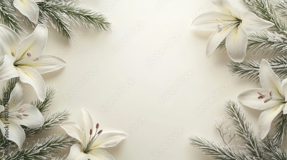 A serene arrangement of white lilies and evergreen branches on a light background. A serene arrangement of white lilies and evergreen branches on a light background.