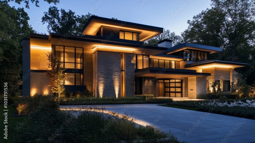 Fototapeta premium Modern suburban home at night, featuring clean geometric lines and hidden LED lighting accentuating the facades architectural elements
