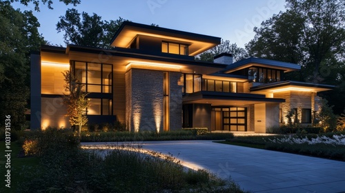 Modern suburban home at night, featuring clean geometric lines and hidden LED lighting accentuating the facades architectural elements