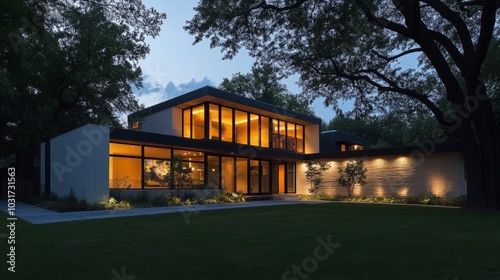 Modern suburban home at night, featuring clean geometric lines and hidden LED lighting accentuating the facades architectural elements