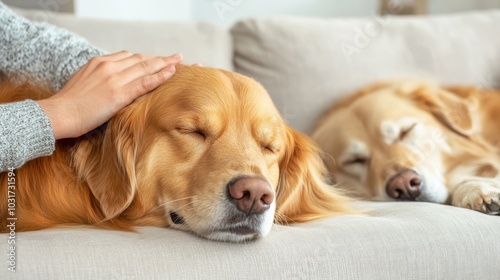 Two golden retrievers lie comfortably on a sofa, exuding warmth and loyalty in their gentle expressions, radiating a calming and affectionate presence throughout.