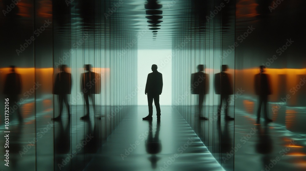 A solitary figure stands in a mirrored corridor, surrounded by shadowy reflections, creating a striking visual of depth and isolation. A solitary figure stands in a mirrored corridor, surrounded by shadowy reflections, creating a striking visual of depth and isolation.