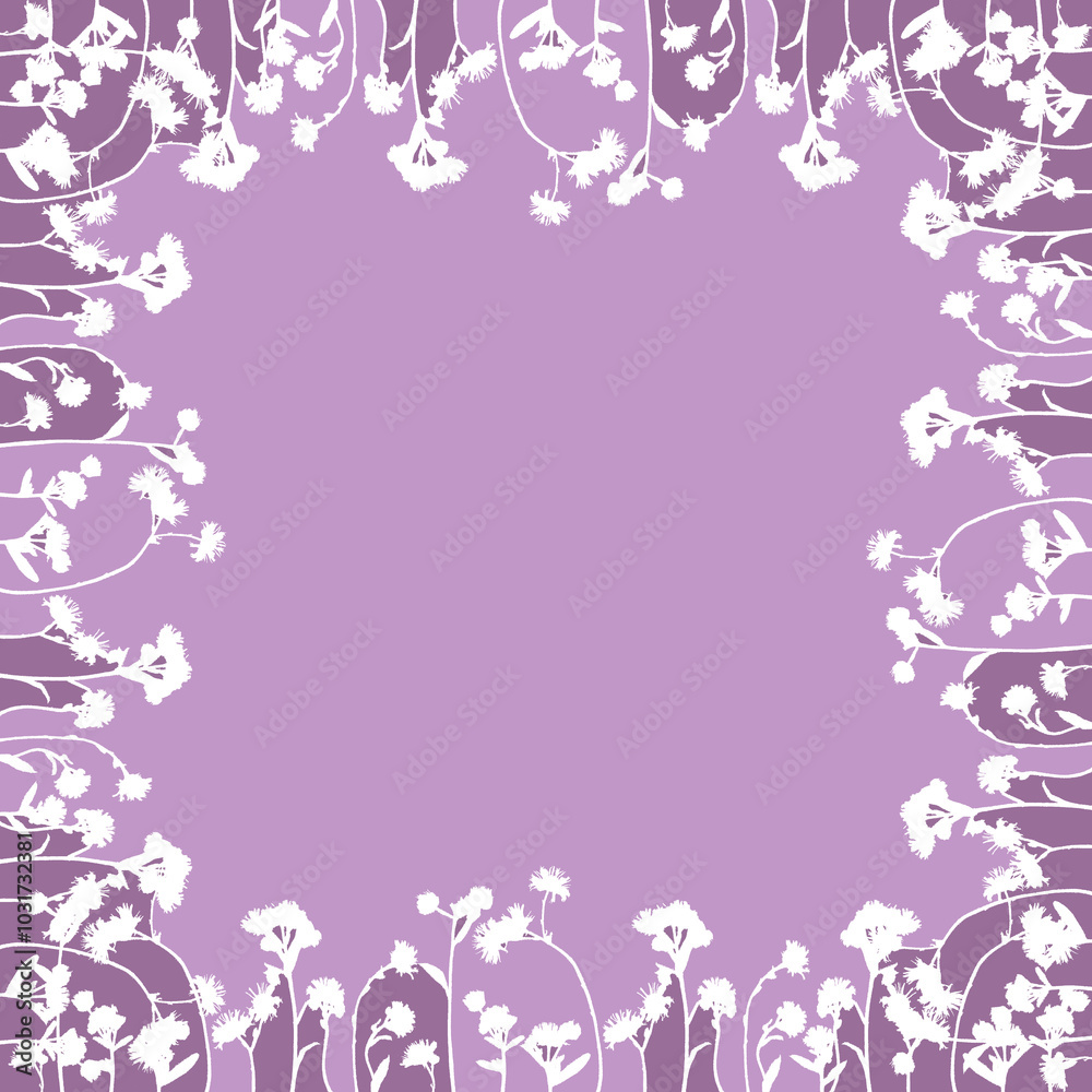 Frame with white silhouette flowers on pale purple background. Frame with white silhouette flowers on pale purple background.