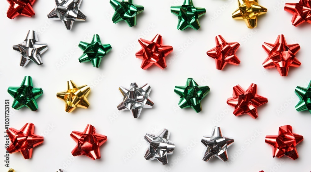 Obraz premium A flat lay of shiny holiday gift bows in various colors (red, green, gold, silver) scattered evenly across a white background. 