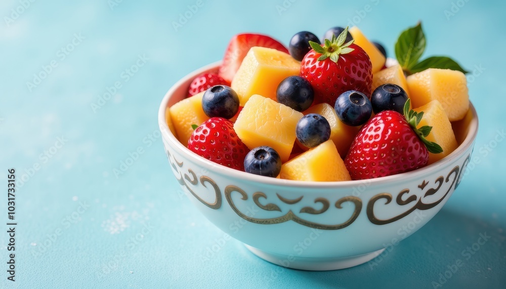 Fresh fruit salad beautifully arranged in a decorative bowl on a powder blue canvas. Fresh fruit salad beautifully arranged in a decorative bowl on a powder blue canvas.