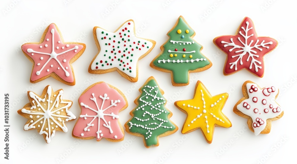 A set of Christmas cookies in festive shapes (stars, trees, snowflakes) decorated with colorf A set of Christmas cookies in festive shapes (stars, trees, snowflakes) decorated with colorf