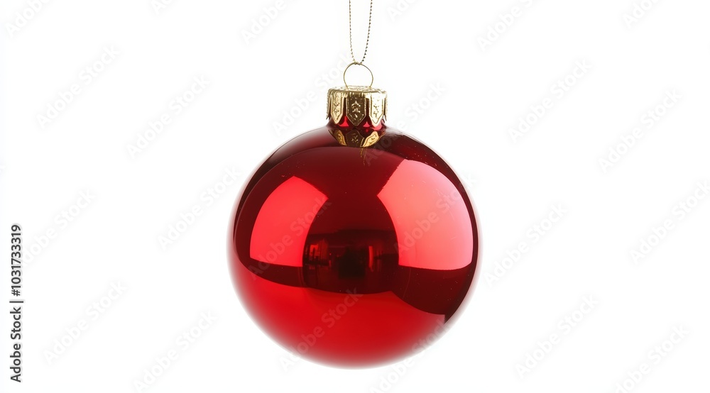 A shiny red Christmas bauble (ornament) with a gold cap, hanging by a delicate string, isolated on a white background. A shiny red Christmas bauble (ornament) with a gold cap, hanging by a delicate string, isolated on a white background.