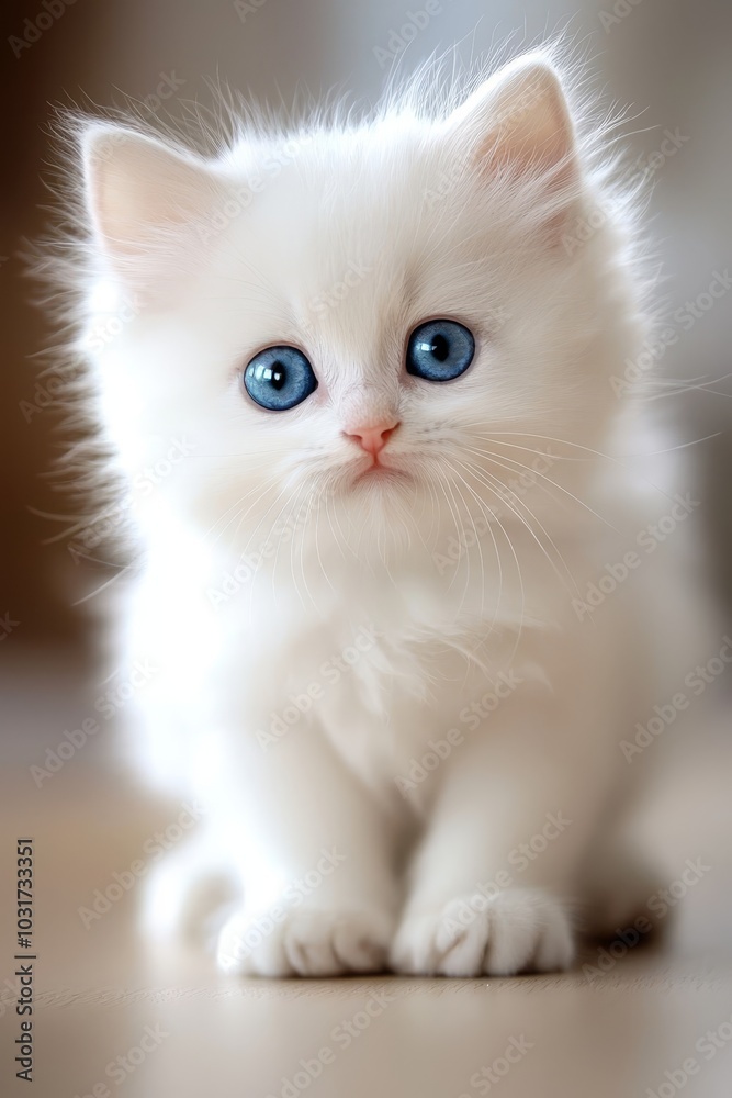 A small, white kitten with blue eyes sits on the floor, gazing at the camera with a serious expression A small, white kitten with blue eyes sits on the floor, gazing at the camera with a serious expression