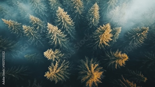 Aerial view of dense evergreen trees with fog creating a serene atmosphere.