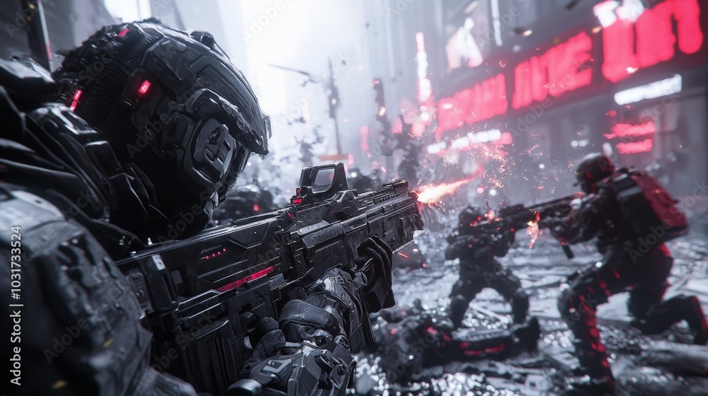 Urban Warfare: Futuristic 3D Render of Intense Firefight in Populated Area with Advanced Tactics Urban Warfare: Futuristic 3D Render of Intense Firefight in Populated Area with Advanced Tactics