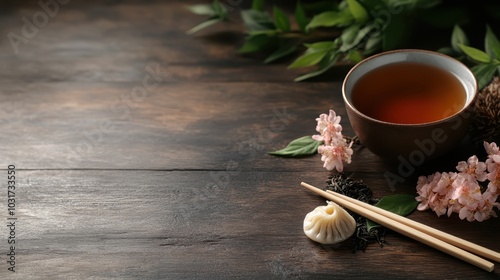 A serene setting featuring a cup of tea with floral arrangement, accompanied by a dumpling and chopsticks, conveying tranquility and the elegance of simple pleasures.