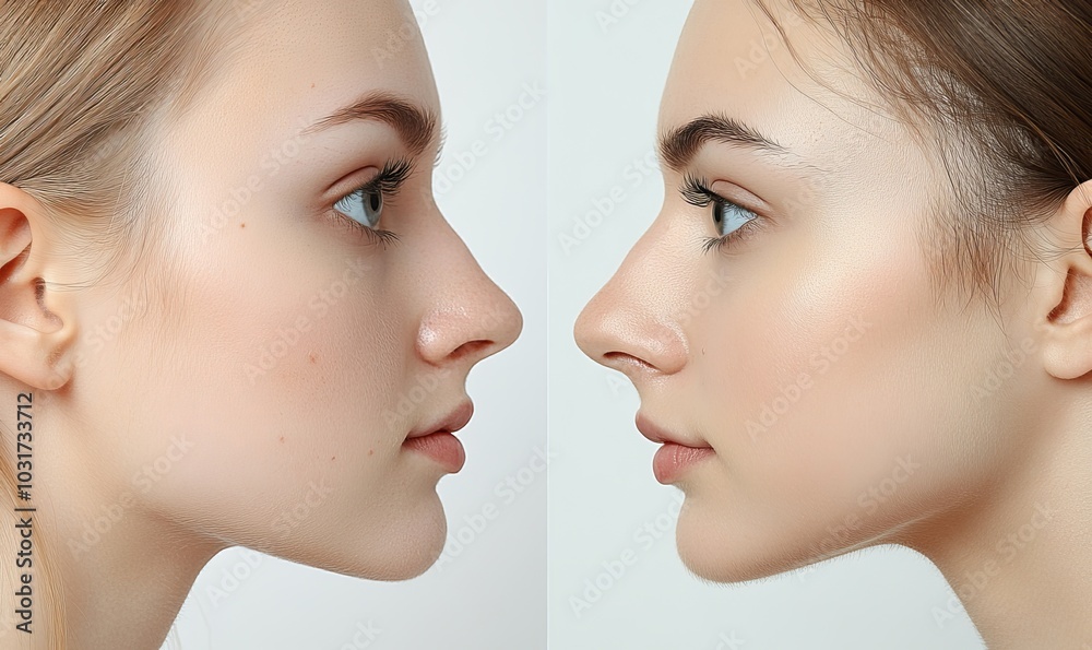 Rhinoplasty before and after. Comparison of female nose after plastic surgery, woman standing isolated on white background, side view, Generative AI Rhinoplasty before and after. Comparison of female nose after plastic surgery, woman standing isolated on white background, side view, Generative AI