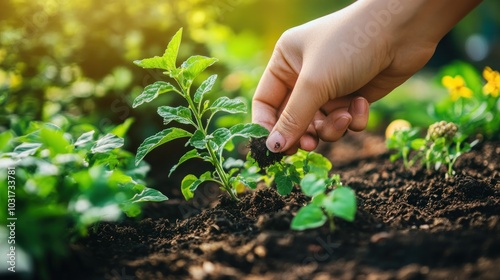 A Hand Gently Tending to a Young Plant in Rich Soil