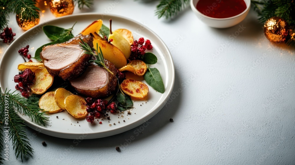 A holiday-themed dish featuring a generous meat portion complemented with an elegant garnish, set upon a plate with decorative festive elements around it. A holiday-themed dish featuring a generous meat portion complemented with an elegant garnish, set upon a plate with decorative festive elements around it.