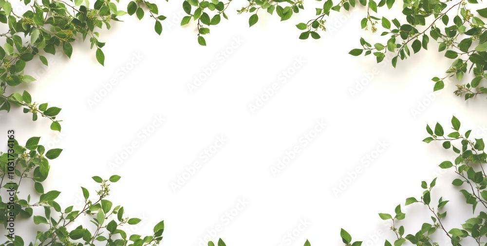 A minimalist design featuring green leaves framing a blank white space. A minimalist design featuring green leaves framing a blank white space.