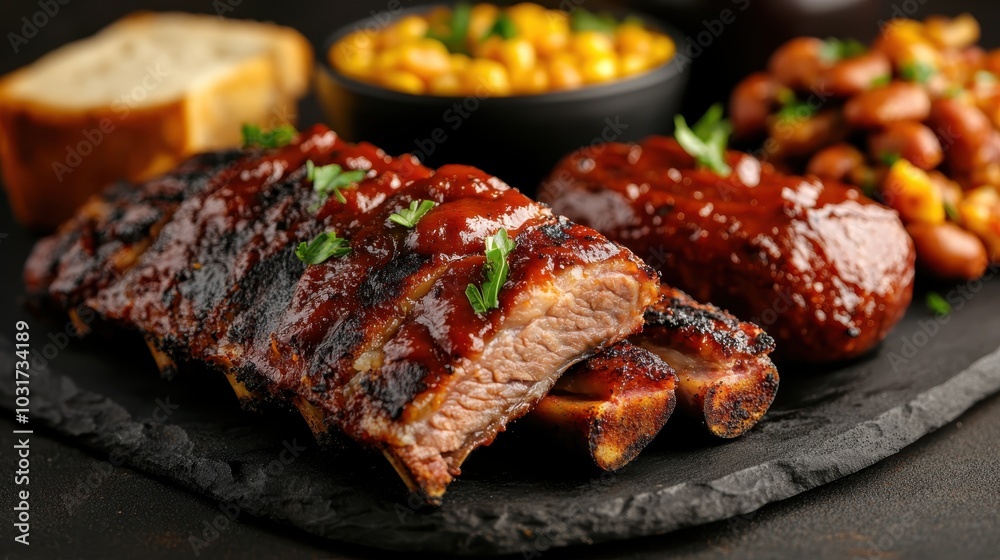 Barbecued ribs glazed with sauce, served with buttery corn and baked beans—a perfect summer meal, appealingly presented on a sleek, black slate surface. Barbecued ribs glazed with sauce, served with buttery corn and baked beans—a perfect summer meal, appealingly presented on a sleek, black slate surface.