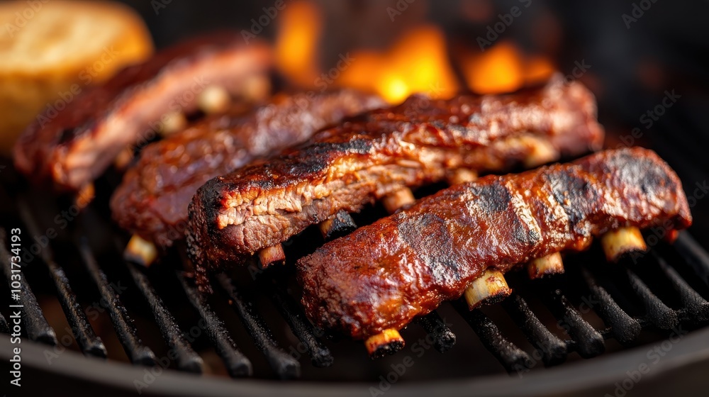 Sizzling ribs grilling over open flames, their surfaces caramelizing with smoky barbecue sauce, creating a mouth-watering culinary experience and visual spectacle.