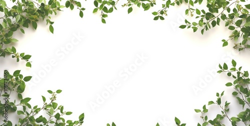 A minimalist design featuring green leaves framing a blank white space.