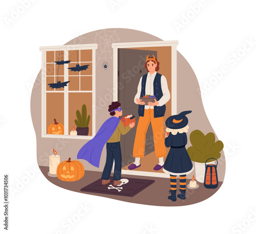 Trick or treat. Kids disguised with traditional Halloween costumes asking for candies in neighbor houses. Cute children coming for sweets in October holiday. Flat vector illustration isolated on white