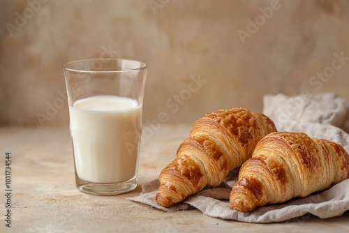 french baked pastry croissants and a glass of milk on rustic beige background - generative ai