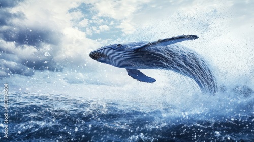 A humpback whale leaps out of the water, creating a spray of water droplets, against a cloudy sky.