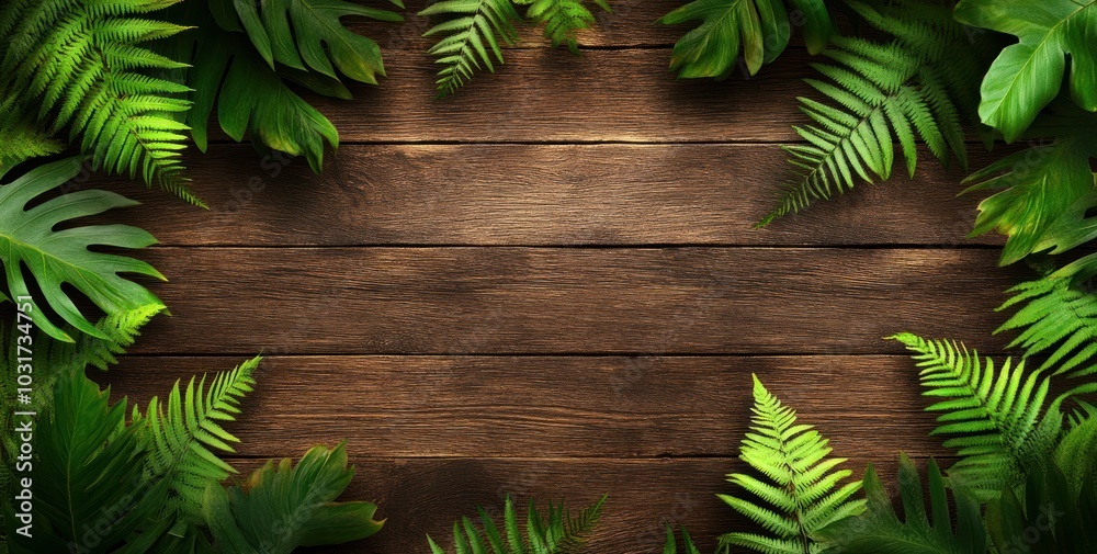 A wooden surface surrounded by lush green ferns, creating a natural, serene backdrop. A wooden surface surrounded by lush green ferns, creating a natural, serene backdrop.