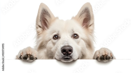 A curious white dog peeking over a ledge with an inquisitive expression.