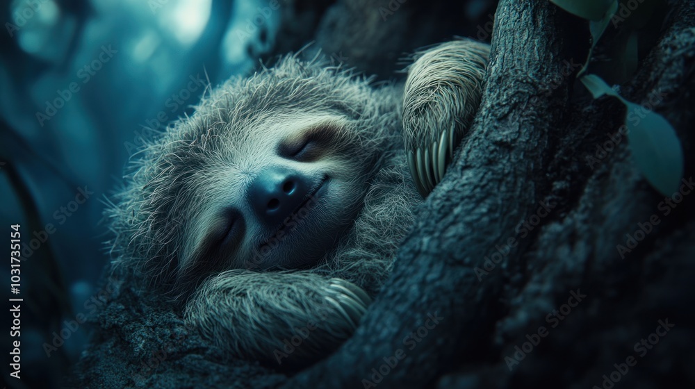 Naklejka premium A sloth peacefully sleeping on a tree branch in a serene, dimly lit forest setting.