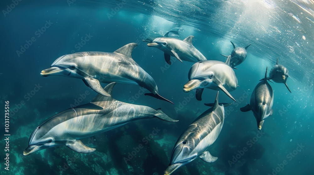 Fototapeta premium A Mesmerizing Pod of Dolphins Swimming Gracefully Beneath the Waves in a Crystal Clear Ocean