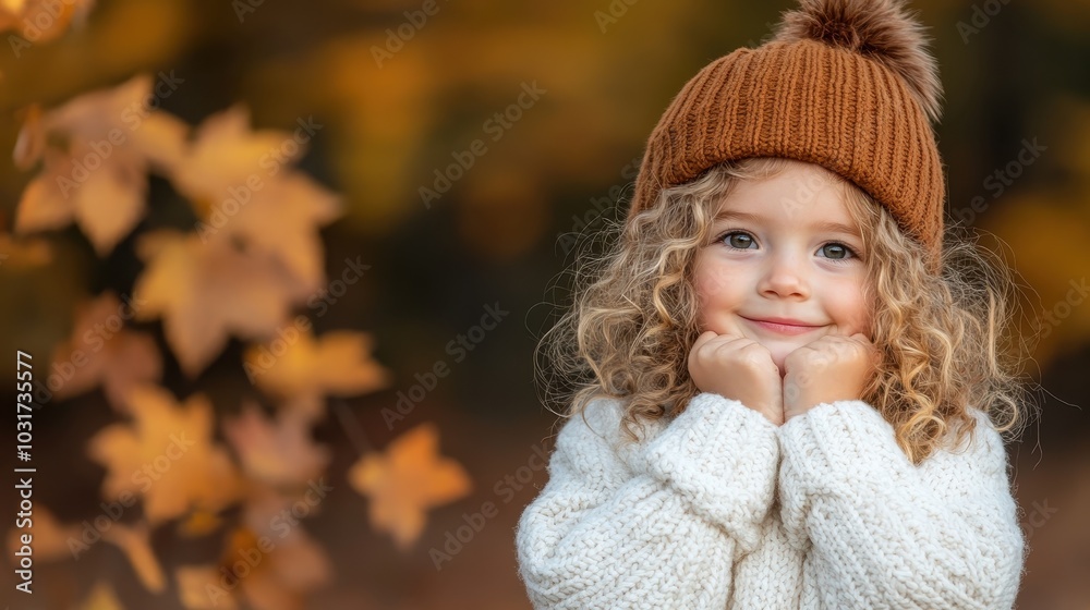 A young girl, bundled up in a warm knitted sweater, smiles warmly amidst falling autumn leaves, creating a scene full of delight, happiness, and seasonal charm. A young girl, bundled up in a warm knitted sweater, smiles warmly amidst falling autumn leaves, creating a scene full of delight, happiness, and seasonal charm.