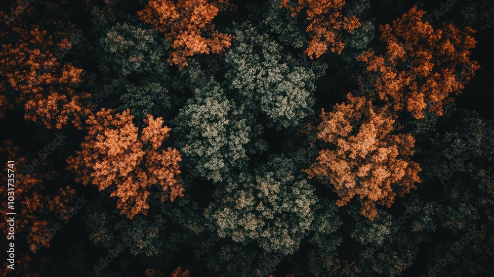 Aerial view of a forest showcasing vibrant autumn foliage in orange and green hues.